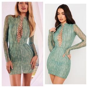 House of CB / Dylan ivy green Mesh Lace Up corset Mini Dress bodycon medium m